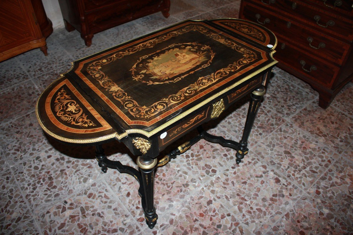 French Louis XVI Drop-leaf Coffee Table | Ebony Wood With Inlays From Late 1800s-photo-1