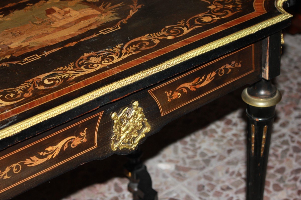 French Louis XVI Drop-leaf Coffee Table | Ebony Wood With Inlays From Late 1800s-photo-2