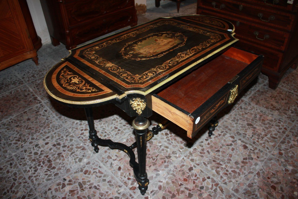 French Louis XVI Drop-leaf Coffee Table | Ebony Wood With Inlays From Late 1800s-photo-4