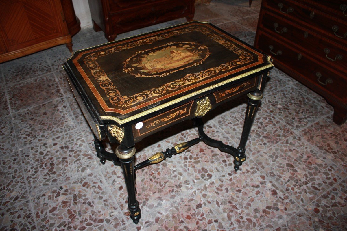 French Louis XVI Drop-leaf Coffee Table | Ebony Wood With Inlays From Late 1800s