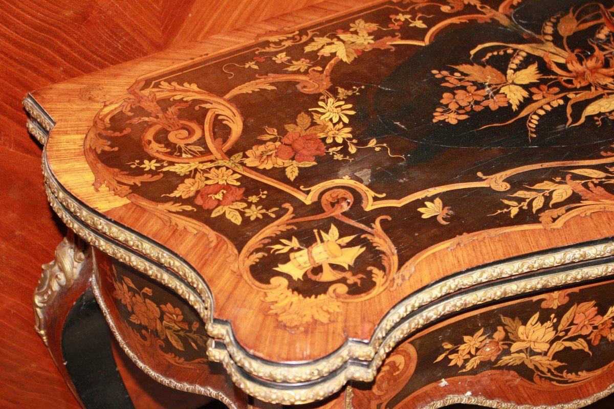 Table De Jeu Française Style Louis XV Du Milieu Du XIXe Siècle | Richement Marquetée Avec Motif-photo-2