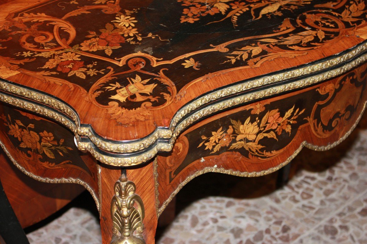 Table De Jeu Française Style Louis XV Du Milieu Du XIXe Siècle | Richement Marquetée Avec Motif-photo-4