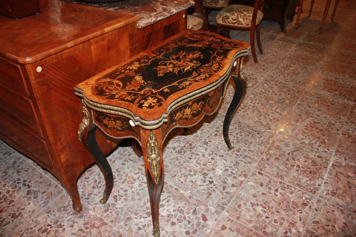 Table De Jeu Française Style Louis XV Du Milieu Du XIXe Siècle | Richement Marquetée Avec Motif-photo-1