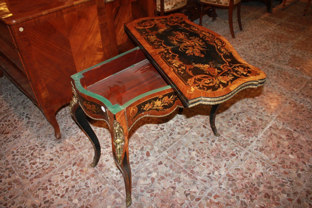 Table De Jeu Française Style Louis XV Du Milieu Du XIXe Siècle | Richement Marquetée Avec Motif-photo-3