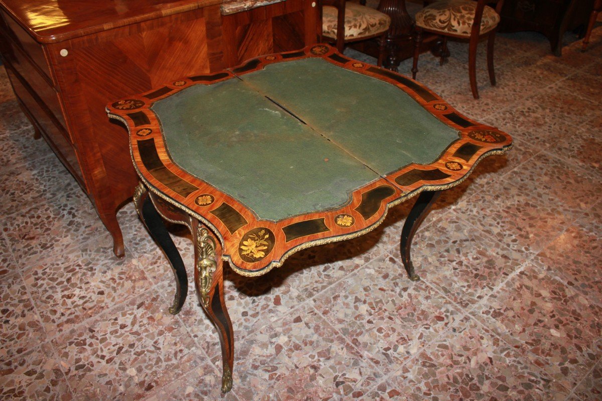 Table De Jeu Française Style Louis XV Du Milieu Du XIXe Siècle | Richement Marquetée Avec Motif-photo-4