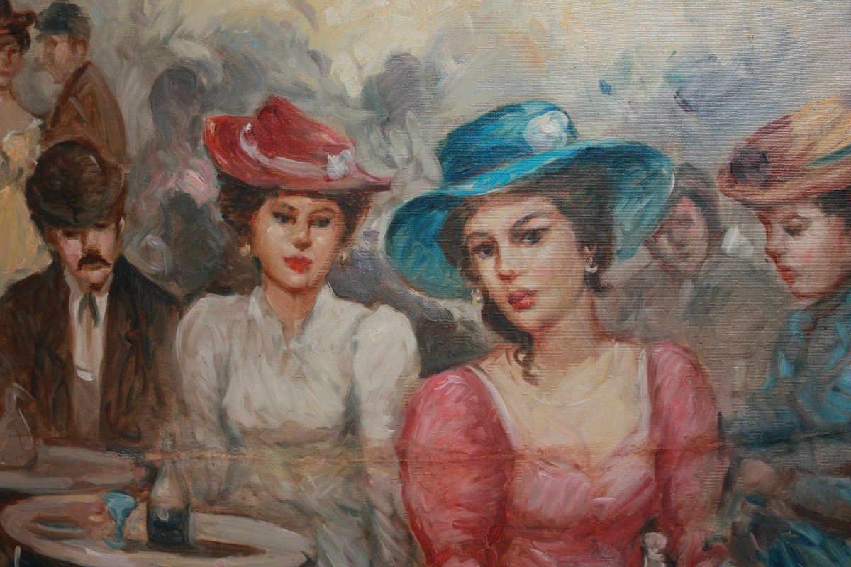 Huile Sur Toile Italienne "intérieur De Café" Par Luigi Di Rocco (1940–2013)-photo-3