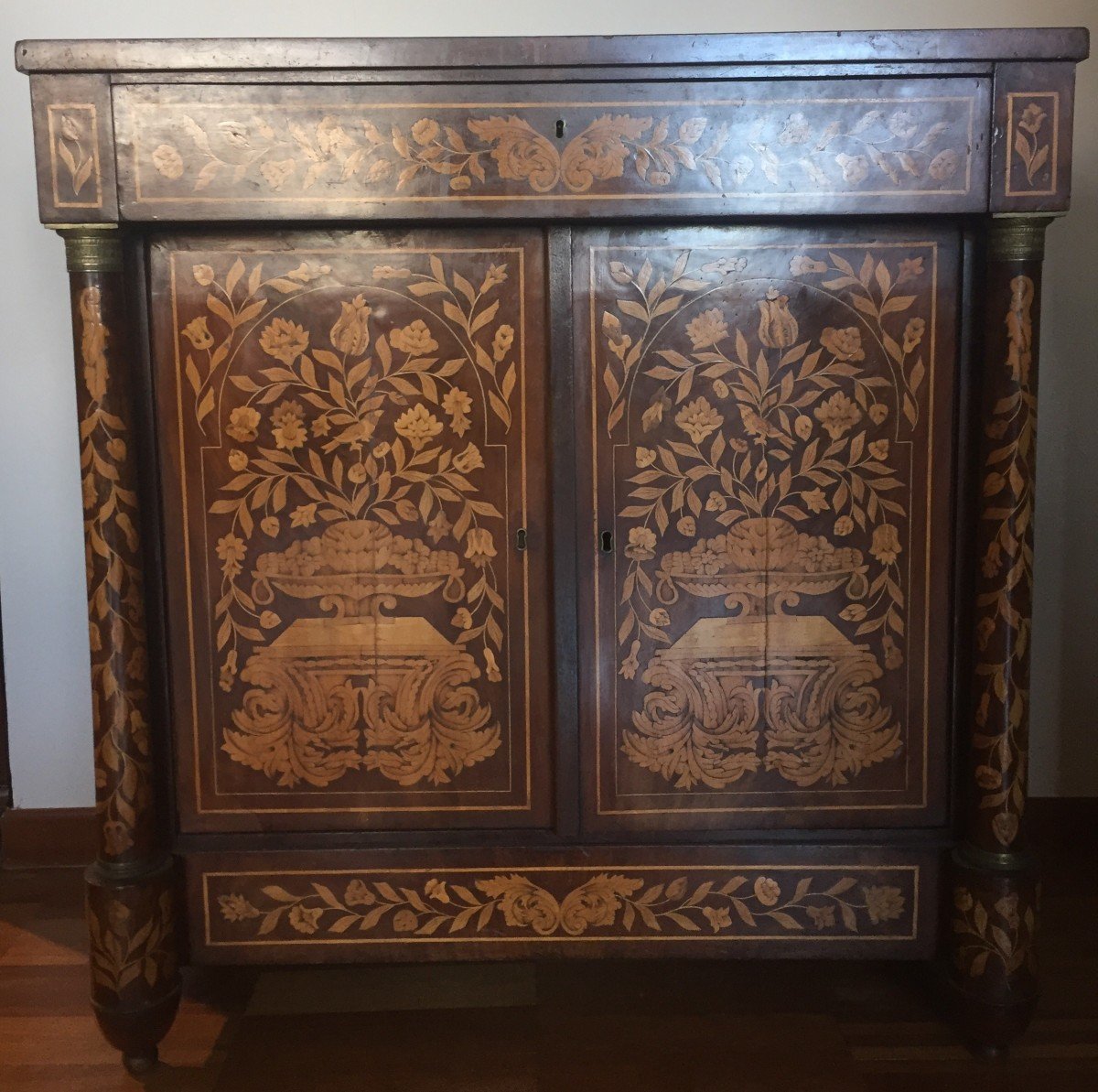 Dutch Sideboard With Two Doors And Undertop Drawer In Mahogany, Richly Inlaid On Each Side-photo-2