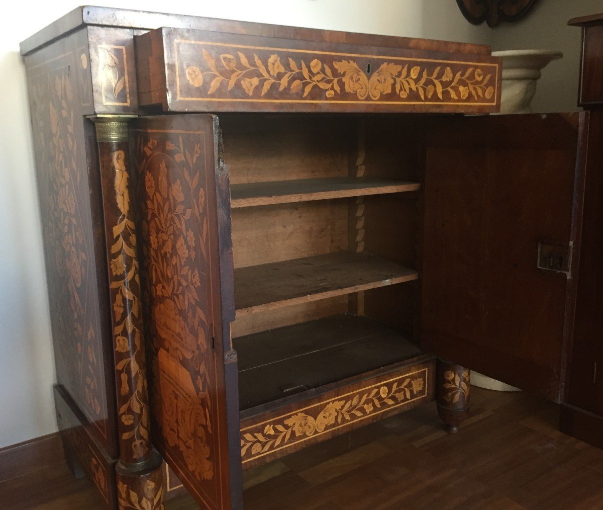 Dutch Sideboard With Two Doors And Undertop Drawer In Mahogany, Richly Inlaid On Each Side-photo-4