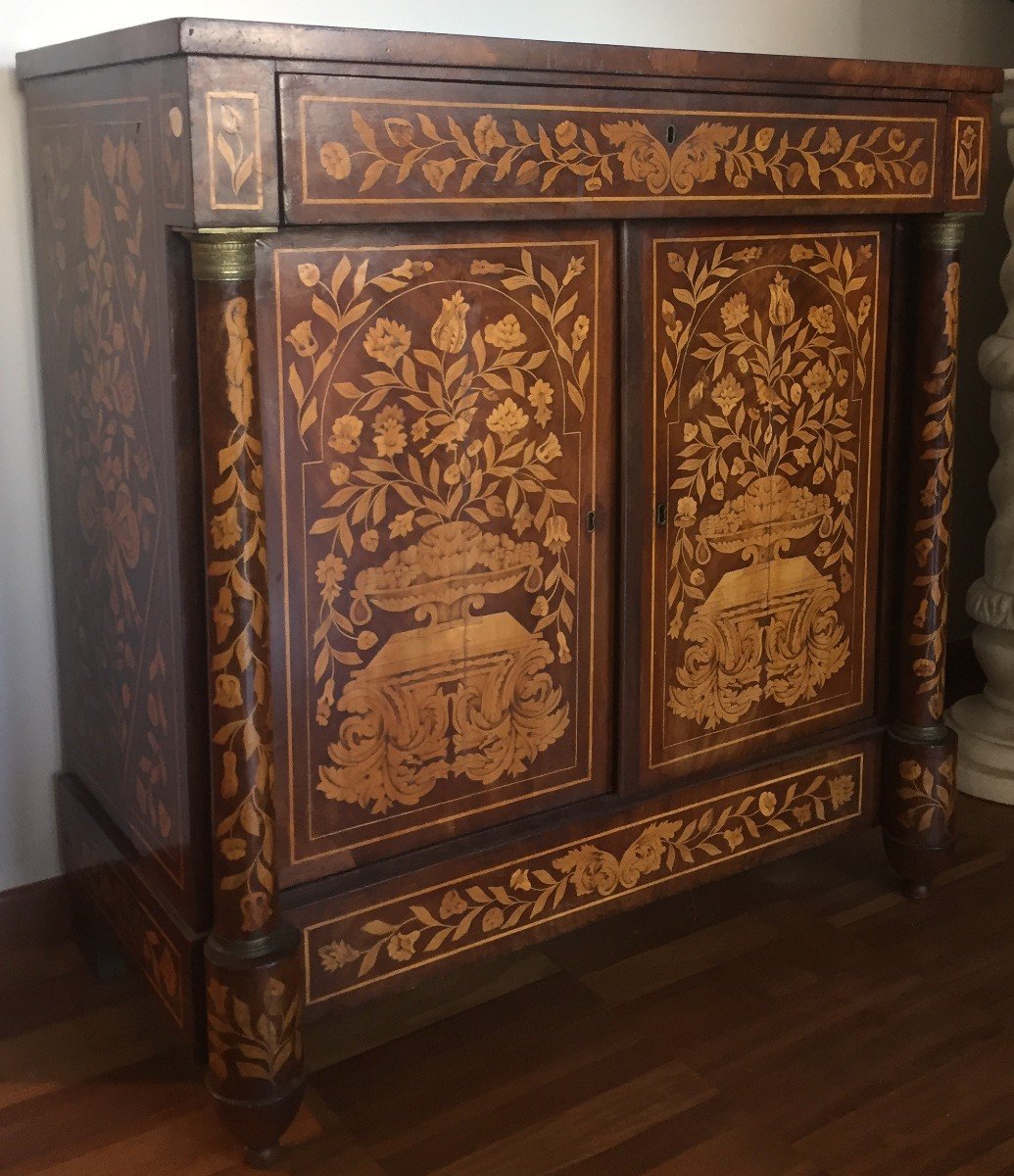 Dutch Sideboard With Two Doors And Undertop Drawer In Mahogany, Richly Inlaid On Each Side