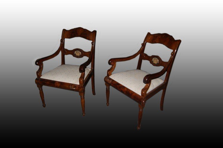 Group Of 4 Beautiful North European Armchairs From The Mid-1800s, Biedermeier Style, Made Of Ma