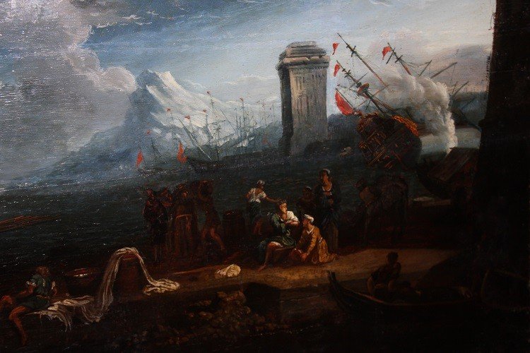 Tableau Marine Hollandaise Huile Sur Panneau Vue Marine Port Van Der Cabel (1631-1705)-photo-4