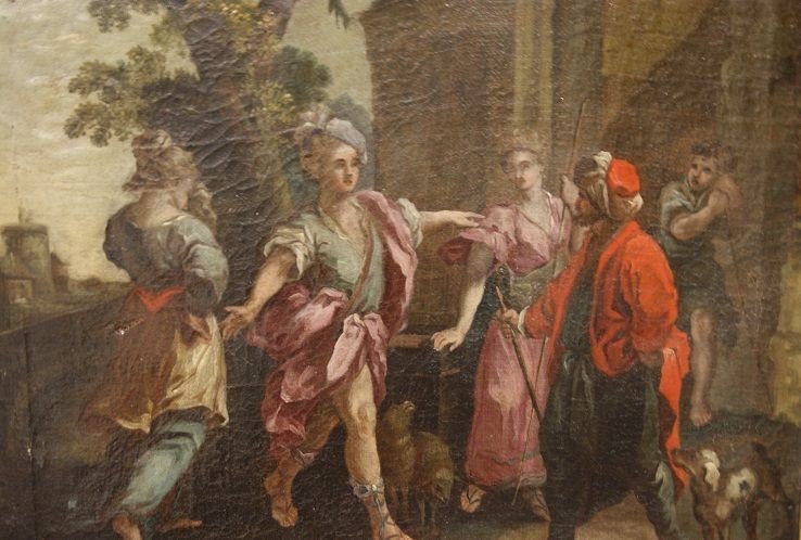 Oil On Italian Canvas From 1700 On The First Canvas. Scene Represented With 5 Characters, Outsi-photo-2