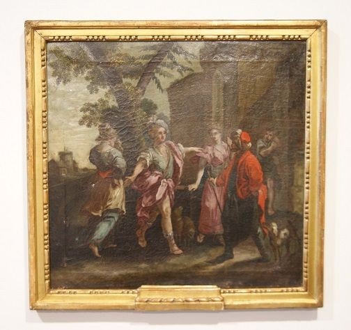 Huile Sur Toile Italienne De 1700 Représentant Des Personnages Extérieurs