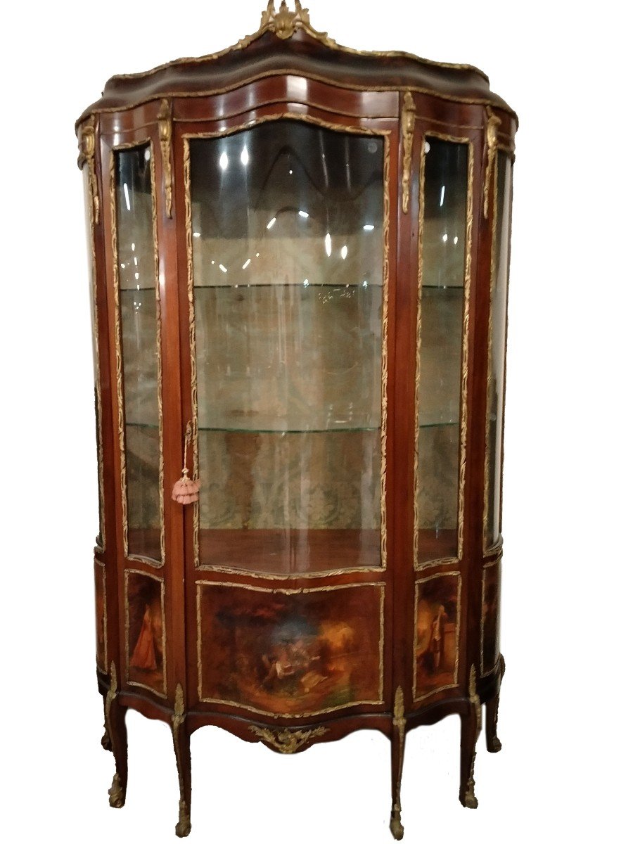 Large Vernis-martin Showcase Completely Moved, Single Central Door. In The Lower Part Decorated