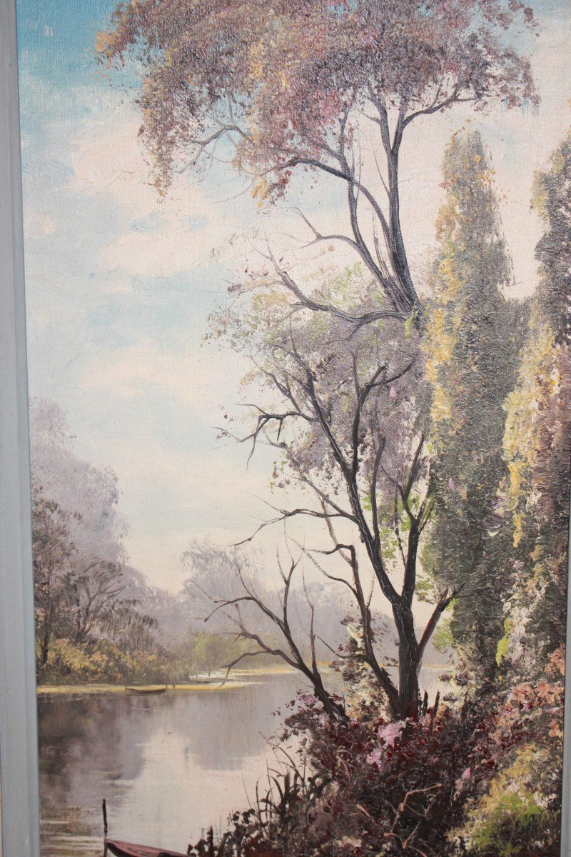 Huile Sur Toile Du XXe Siècle Signée Sourbet – Rive De Rivière-photo-2