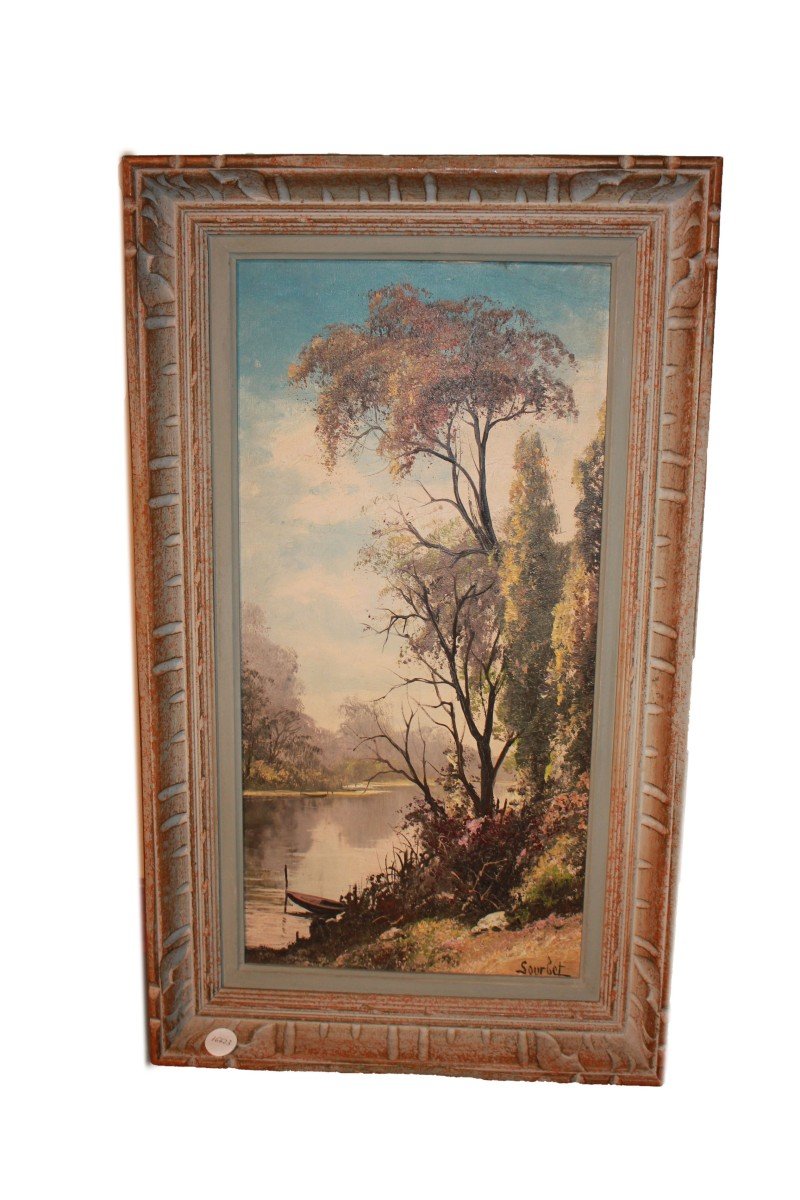 Oil On Canvas From The 20th Century Signed Sourbet – Riverside Scene