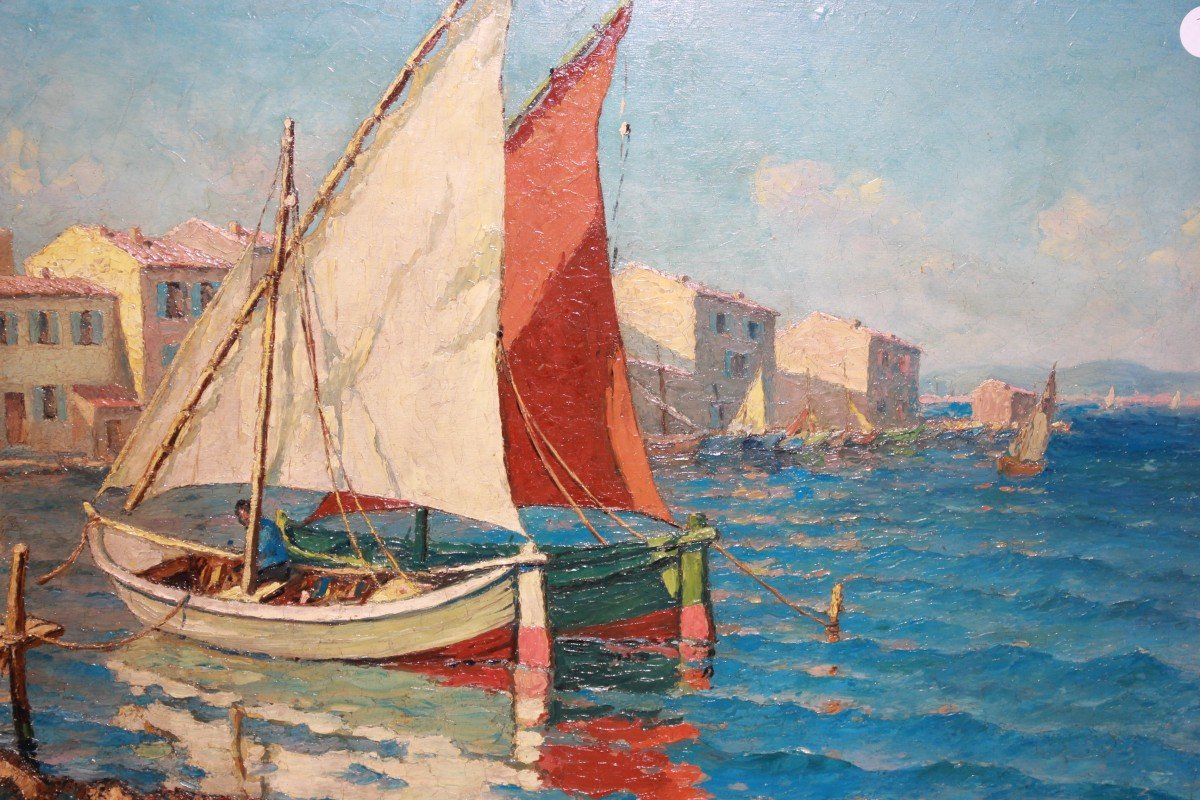 Huile Sur Panneau Français Représentant Une Marine Par L. Gontard – Barques Dans La Lagune-photo-3