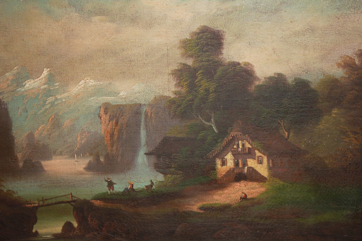 Italian Oil On Canvas From Early 1800s – Mountain Landscape With Lake And Figures-photo-2