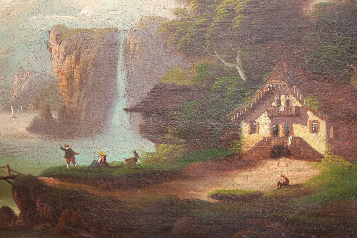 Huile Sur Toile Italienne Du Début Des Années 1800 – Paysage Montagneux Avec Lac Et Personnages-photo-3