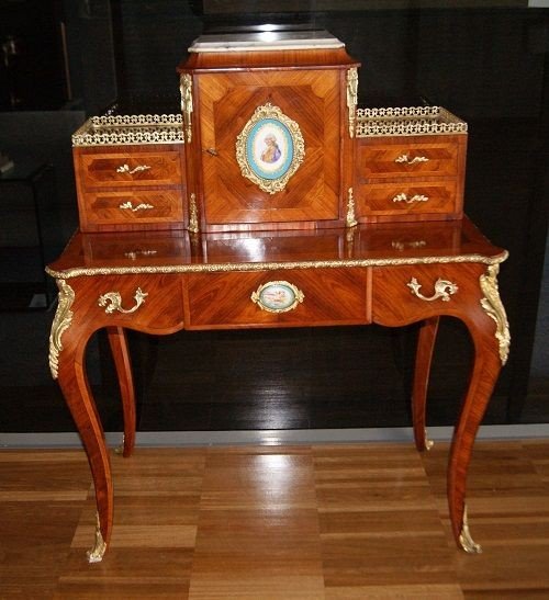 French Mid-1800s Bonheur Du Jour Writing Desk, Louis XV Style, Made Of Rosewood. It Features Ri-photo-2