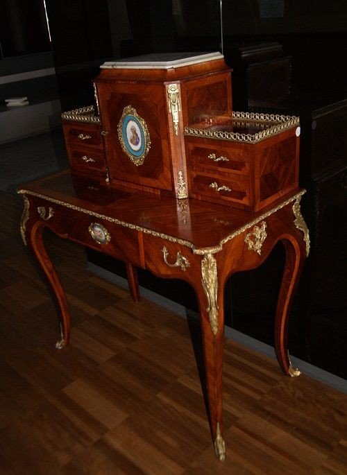 French Mid-1800s Bonheur Du Jour Writing Desk, Louis XV Style, Made Of Rosewood. It Features Ri-photo-2