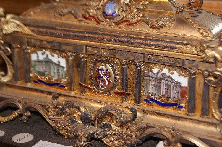 Beautiful 1800s English Jewelry/document Box In Silver Coated With Vermeil Gold, Richly Finishe-photo-4