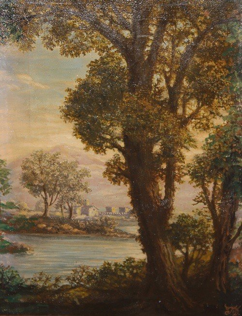 Italian Oil On Canvas From The First Half Of The 19th Century Depicting A Forest With A Sea Vie-photo-2