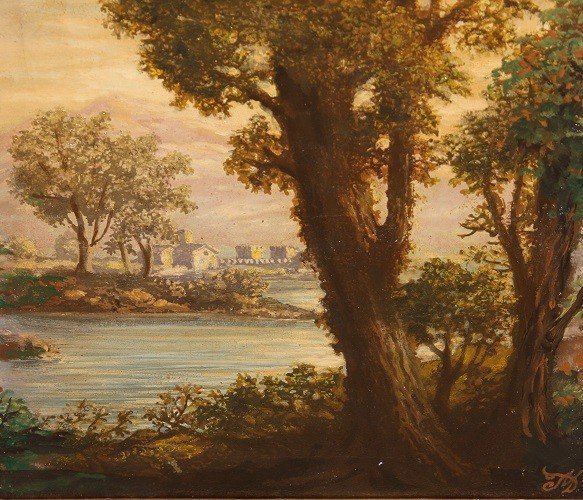 Italian Oil On Canvas From The First Half Of The 19th Century Depicting A Forest With A Sea Vie-photo-3