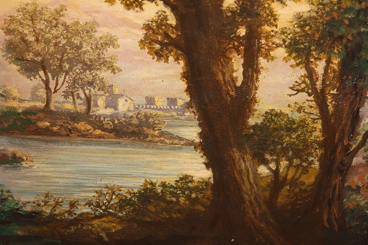 Italian Oil On Canvas From The First Half Of The 19th Century Depicting A Forest With A Sea Vie-photo-4