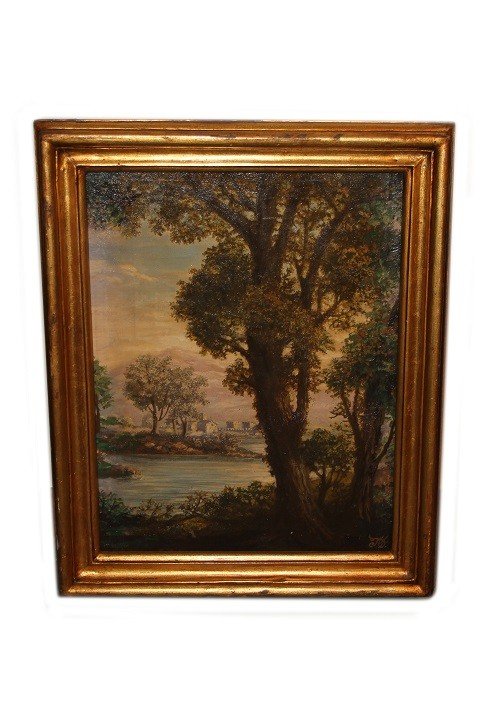 Italian Oil On Canvas From The First Half Of The 19th Century Depicting A Forest With A Sea Vie