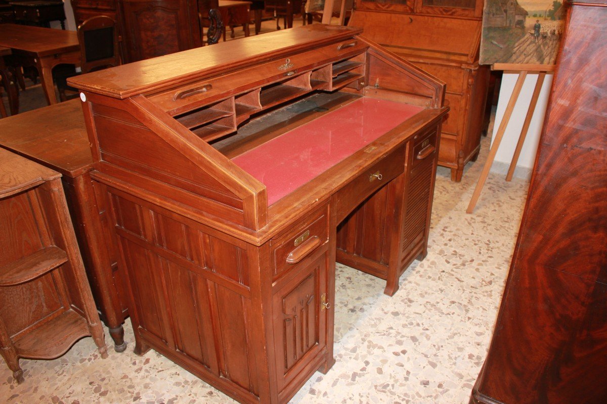 American Roll-top Desk From The Early 1900s In Walnut Wood-photo-4