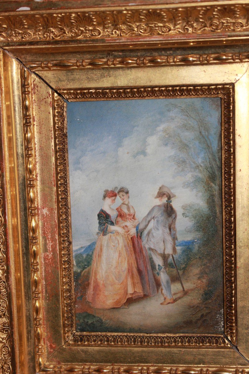 Small French Watercolor Depicting A Romantic Scene From The 1800s-photo-2