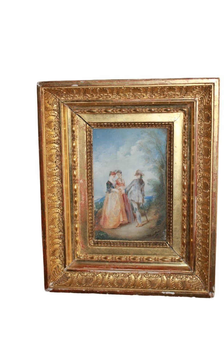 Small French Watercolor Depicting A Romantic Scene From The 1800s