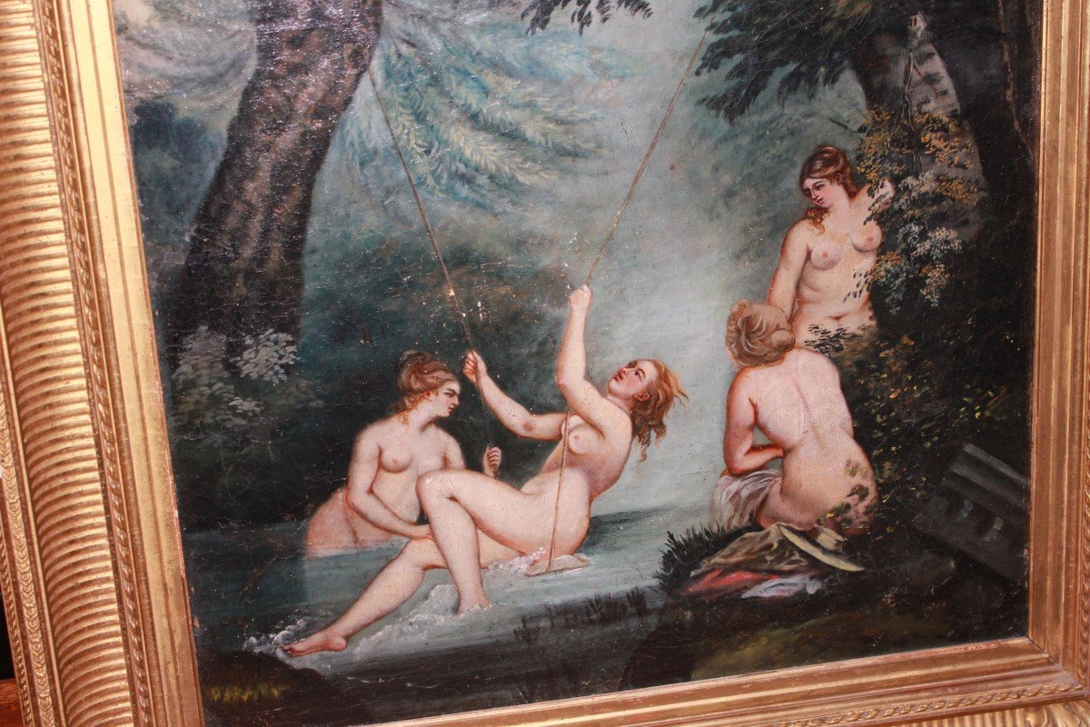 French Oil On Canvas Depicting Bath Of Nymphs-photo-2