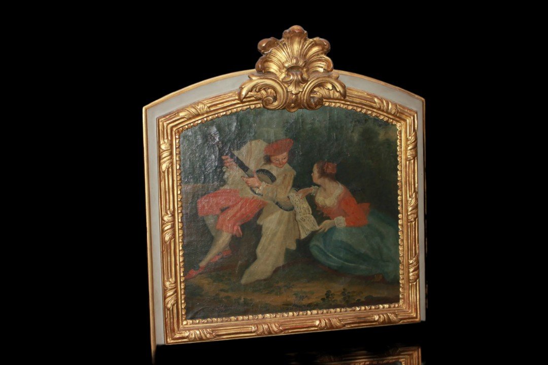 French Overmantel Mirror From The 1800s With Painting Of A Romantic Scene-photo-2