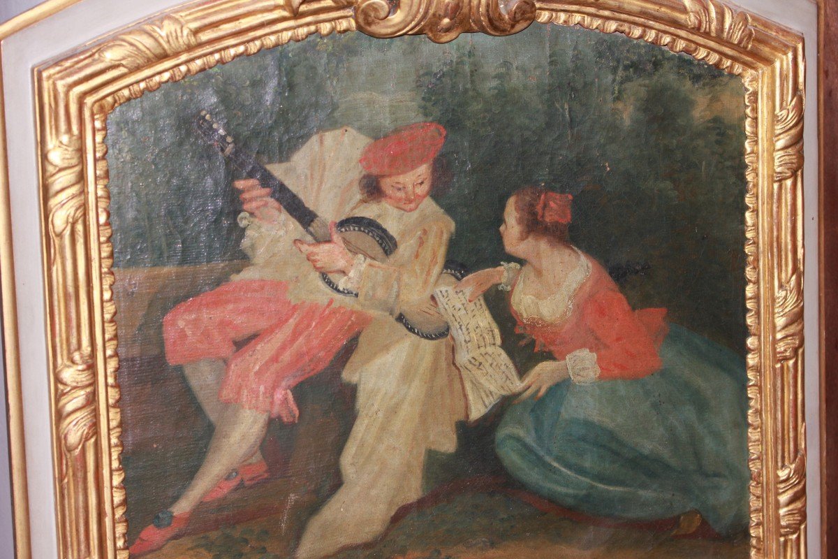 French Overmantel Mirror From The 1800s With Painting Of A Romantic Scene-photo-3