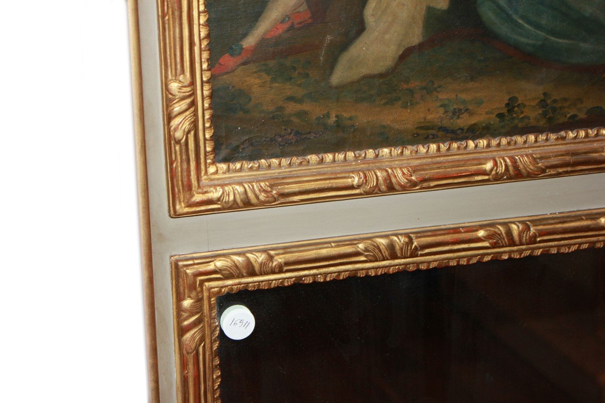 French Overmantel Mirror From The 1800s With Painting Of A Romantic Scene-photo-4