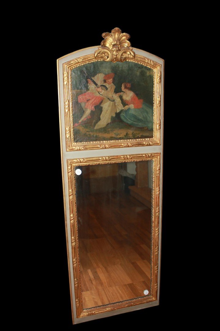 French Overmantel Mirror From The 1800s With Painting Of A Romantic Scene