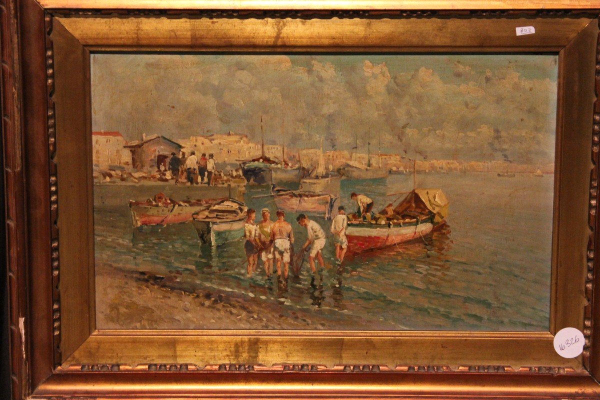 Huile Sur Bois Italienne Du XIXe Siècle Représentant Une Marine Avec Port Et Pêcheurs-photo-2