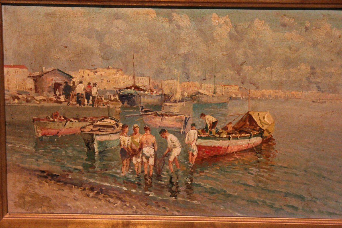 Huile Sur Bois Italienne Du XIXe Siècle Représentant Une Marine Avec Port Et Pêcheurs-photo-3