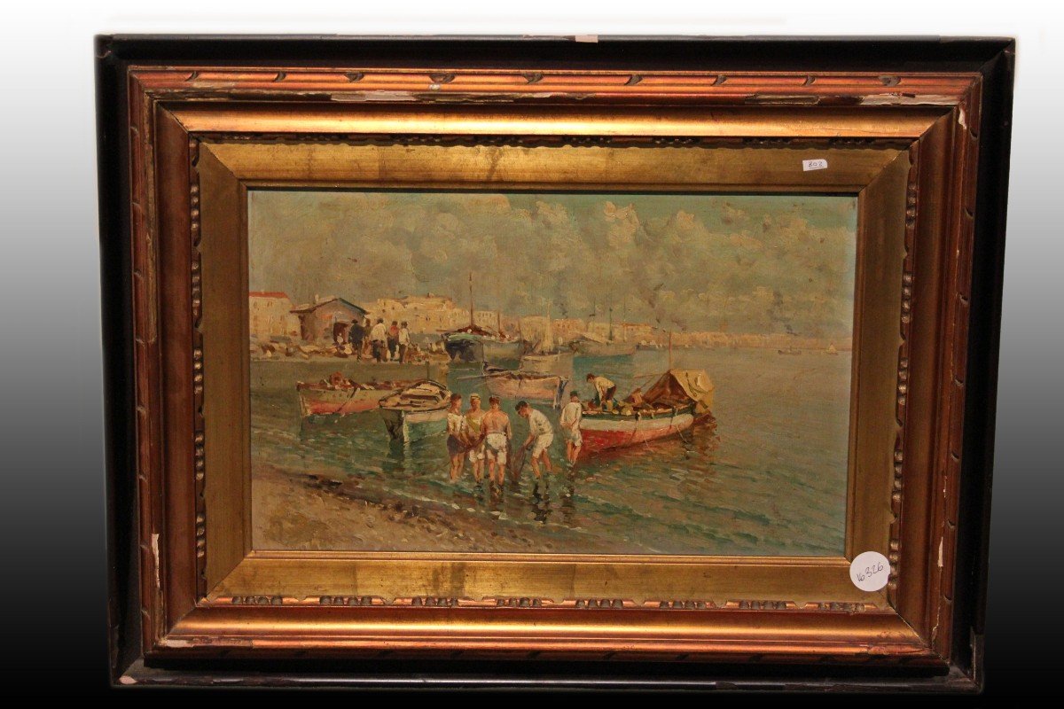 Huile Sur Bois Italienne Du XIXe Siècle Représentant Une Marine Avec Port Et Pêcheurs