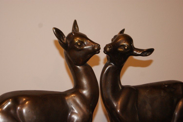Sculpture En Bronze French Decò Du Début Des Années 1900, Paire De Cerfs Avec Socle En Marbre-photo-4