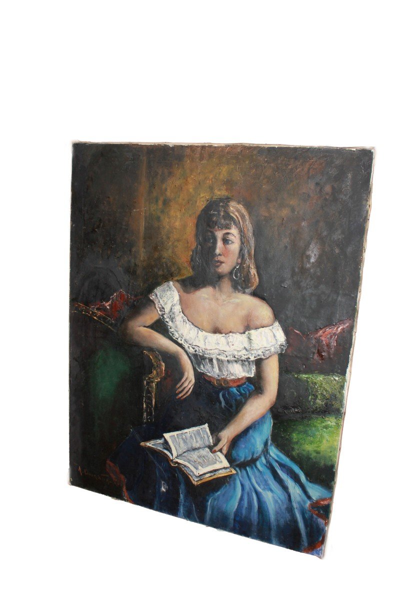 Huile Sur Toile Française Par Auguste Durand-rosé – Portrait De Dame Avec Livre 1900