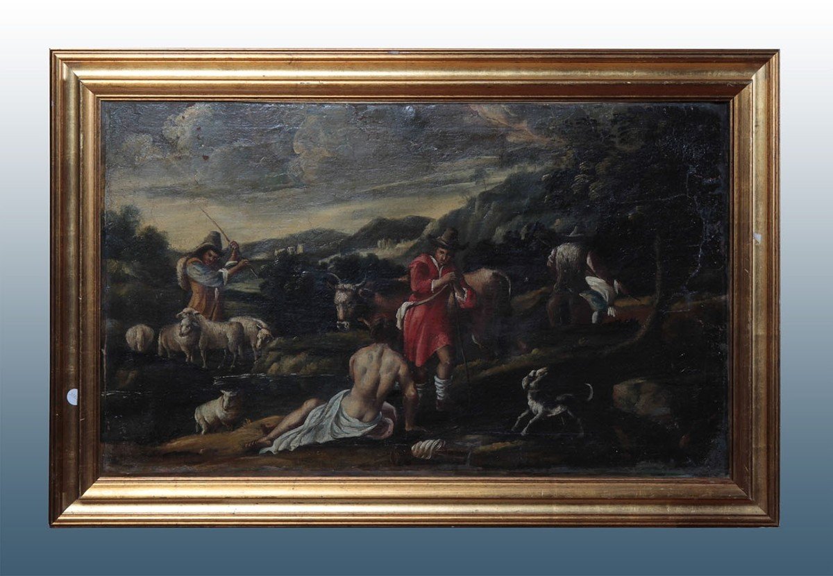 Huile Sur Toile Italienne De 1600 Paysage Bucolique Avec Animaux Et Personnages