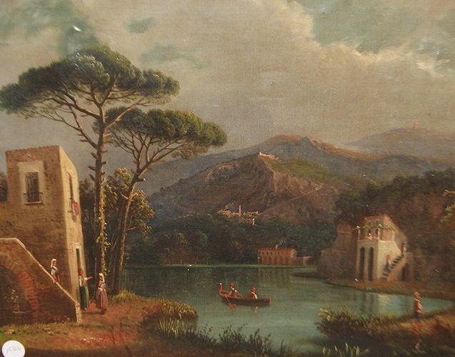 Huile Sur Toile De La Fin Des Années 1800 Paysage Avec Rivière Et Montagnes-photo-2