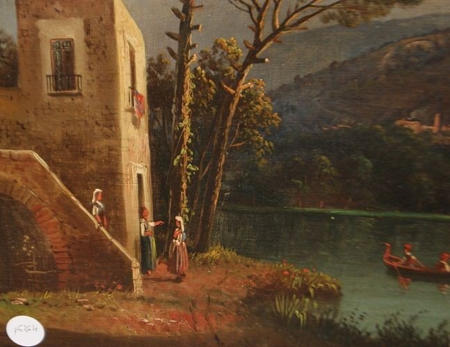 Huile Sur Toile De La Fin Des Années 1800 Paysage Avec Rivière Et Montagnes-photo-3