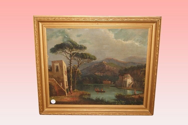 Huile Sur Toile De La Fin Des Années 1800 Paysage Avec Rivière Et Montagnes