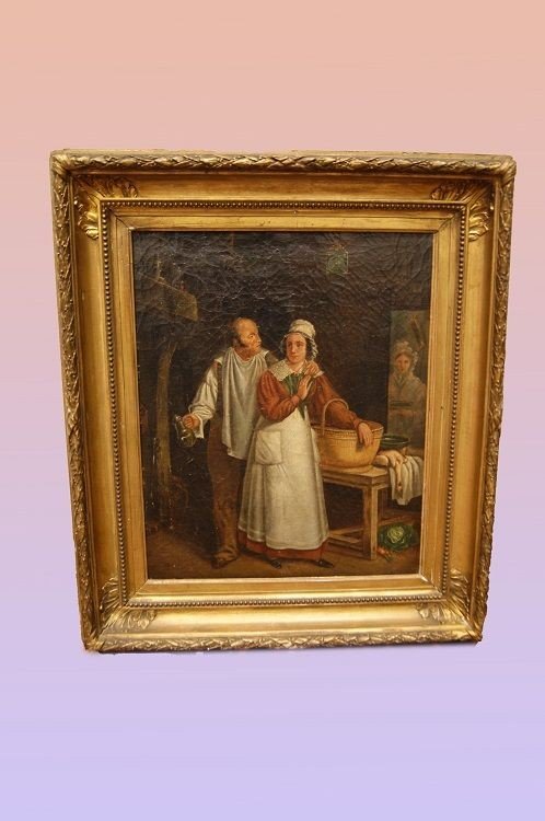 Huile Sur Toile Scène d'Intérieur Français Des Années 1800 Français