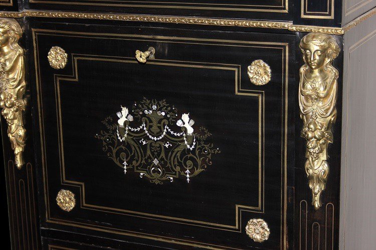 French Secretary From The Mid-1800s, Boulle Style, In Ebony Wood -photo-3