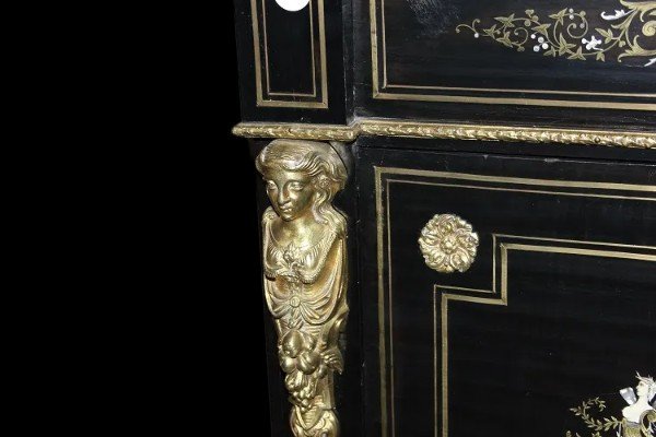 French Secretary From The Mid-1800s, Boulle Style, In Ebony Wood -photo-3